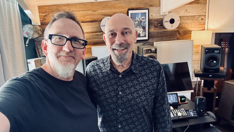 Matt Boudreau with producer Joe Chiccarelli in the control room, listening to the Arde Bogotá record.